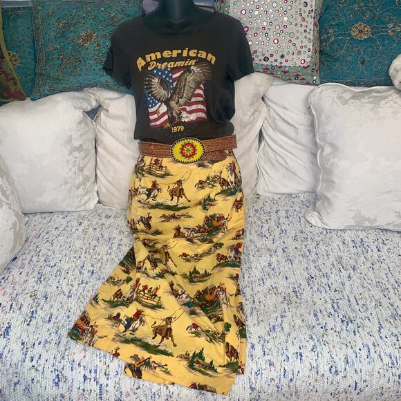 VINTAGE 90's UNWORN COWBOY PRINT WESTERN WRAP SKIRT-MALIBU COWBOY, BEYONCE - Picture 11 of 11